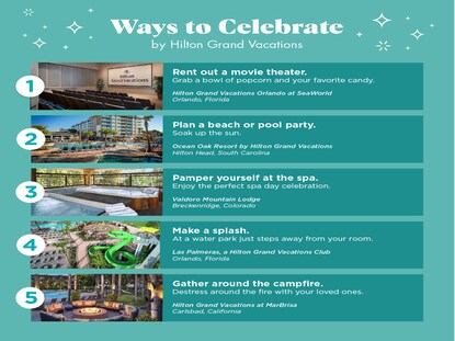 Infographic detailing seven ways to celebrate with Hilton Grand Vacations. 