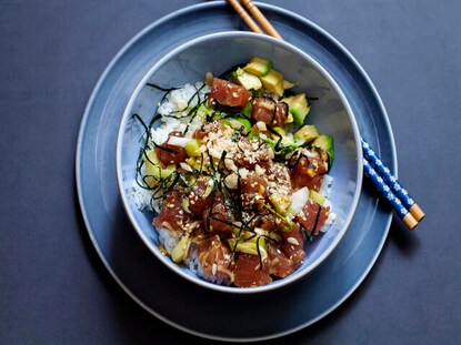 Overhead shot tuna poke bowl on the Big Island, Hawaii. 