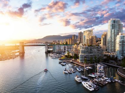 Aerial view of False Creek and downtown Vancouver, British Columbia, Canada, at sunset