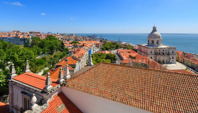 Aerial image, Portuguese architecture, blue skies, blue waters, Lisbon, Portugal.  