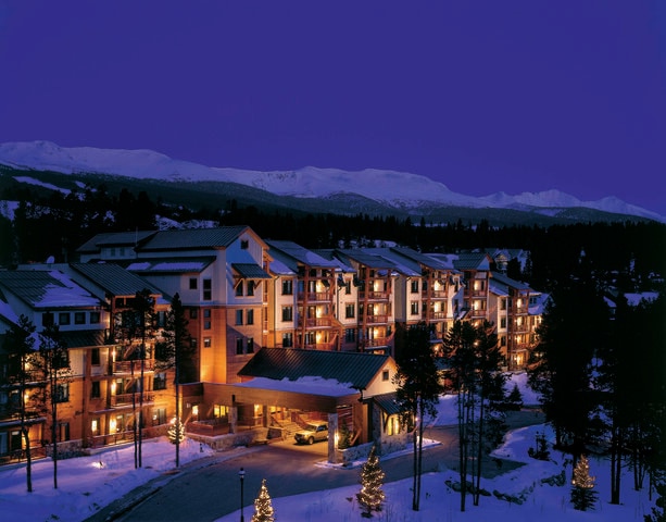 Stunning aerial, nighttime mountain vista, Valdoro Mountain Lodge, a Hilton Grand Vacations Club, Breckenridge, Colorado. 