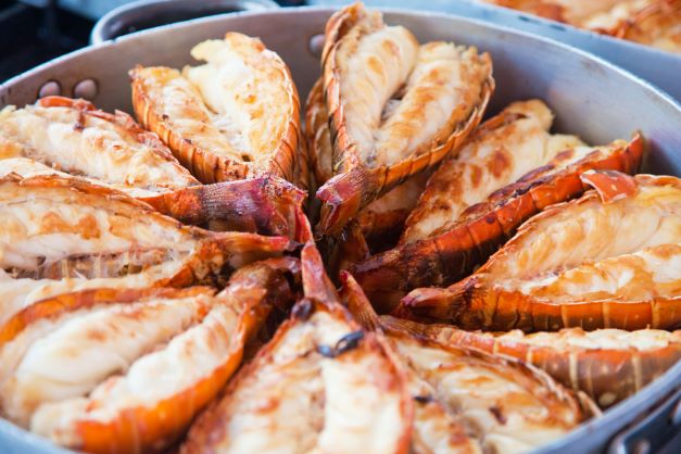 Beautifully plated grilled lobsters. 