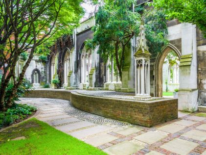 St. Dunstan-in-the-East, an Anglican church in ruins with a garden in London, England