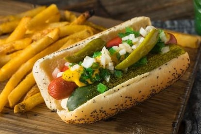 Chicago-style hot dog, street food. 