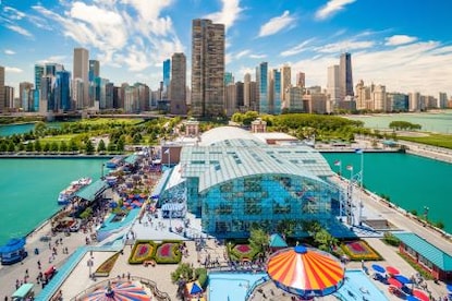 Beautiful aerial image, Chicago skyline, Navy Pier, blue water and blue skies, Illinois. 