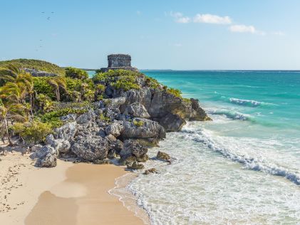 Tulum ruins above a beach in Quintana Roo, Mexico